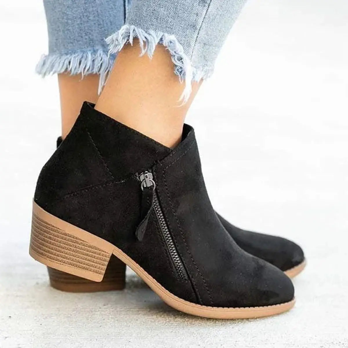 Black Ankle Boots | Suede-Effect, Low-Heel, Side Zip Closure 3