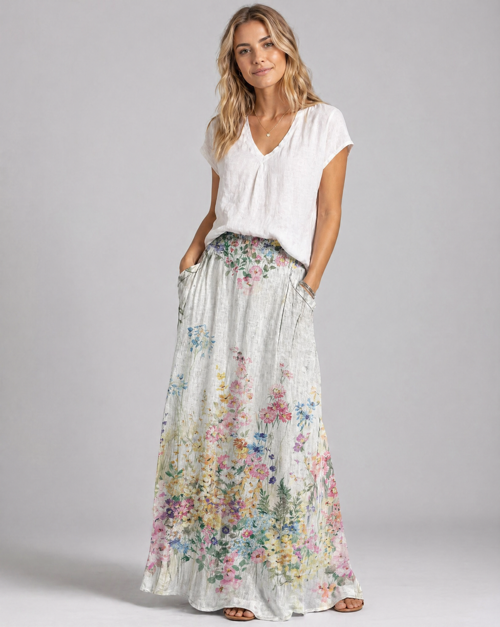 Women's A-Line Skirt | Vintage Floral Print, Elastic Waist, Side Pockets 1