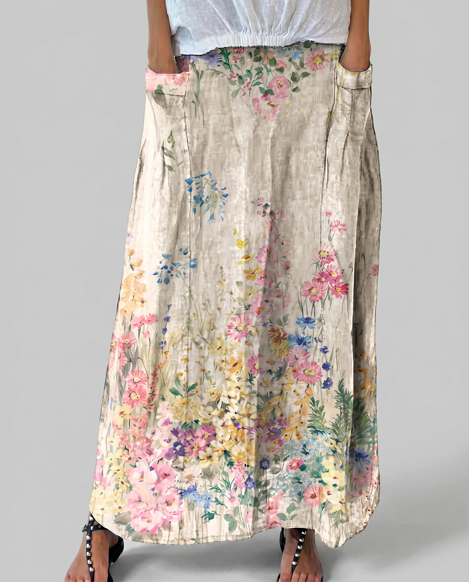 Women's A-Line Skirt | Vintage Floral Print, Elastic Waist, Side Pockets 2