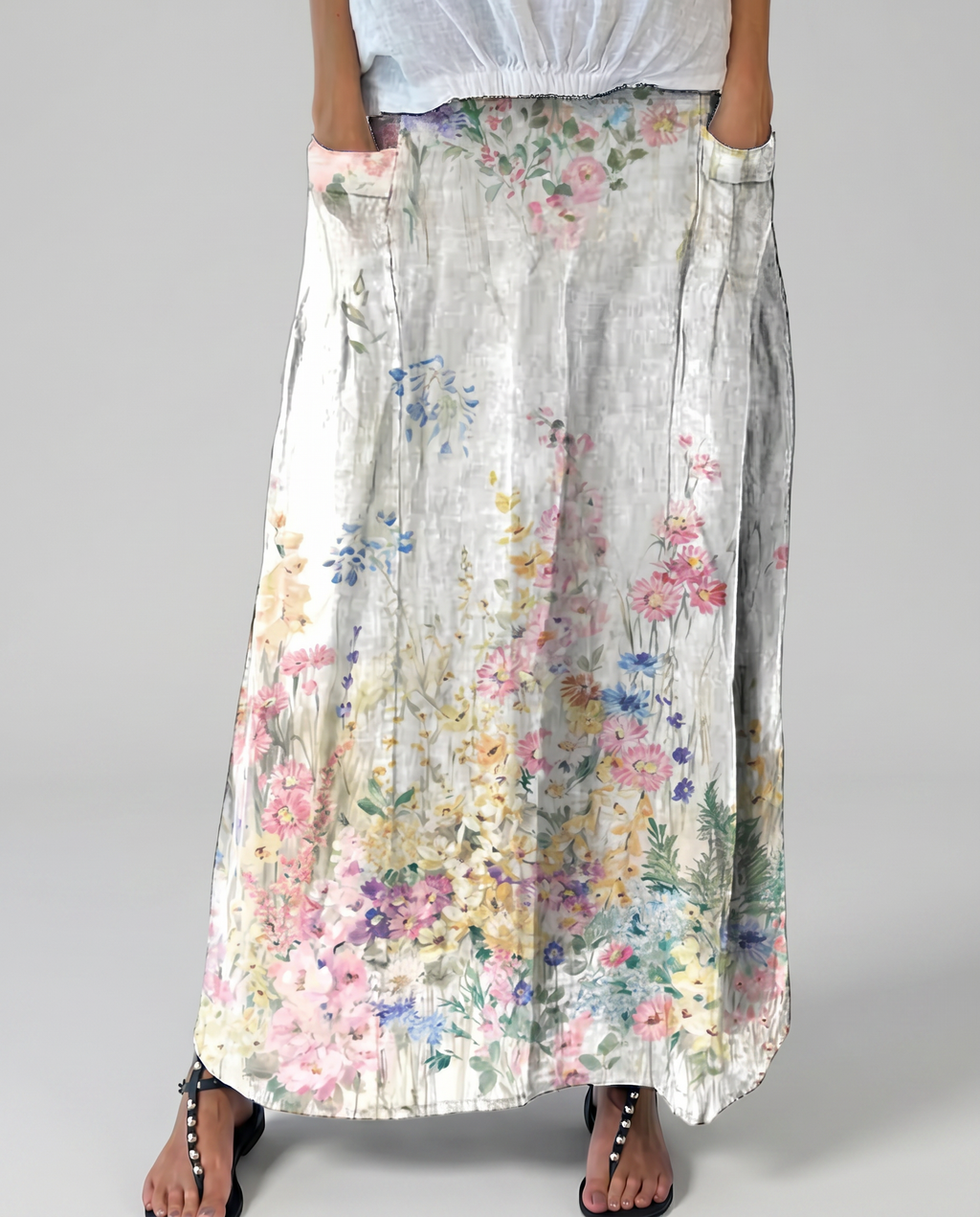 Women's A-Line Skirt | Vintage Floral Print, Elastic Waist, Side Pockets 3