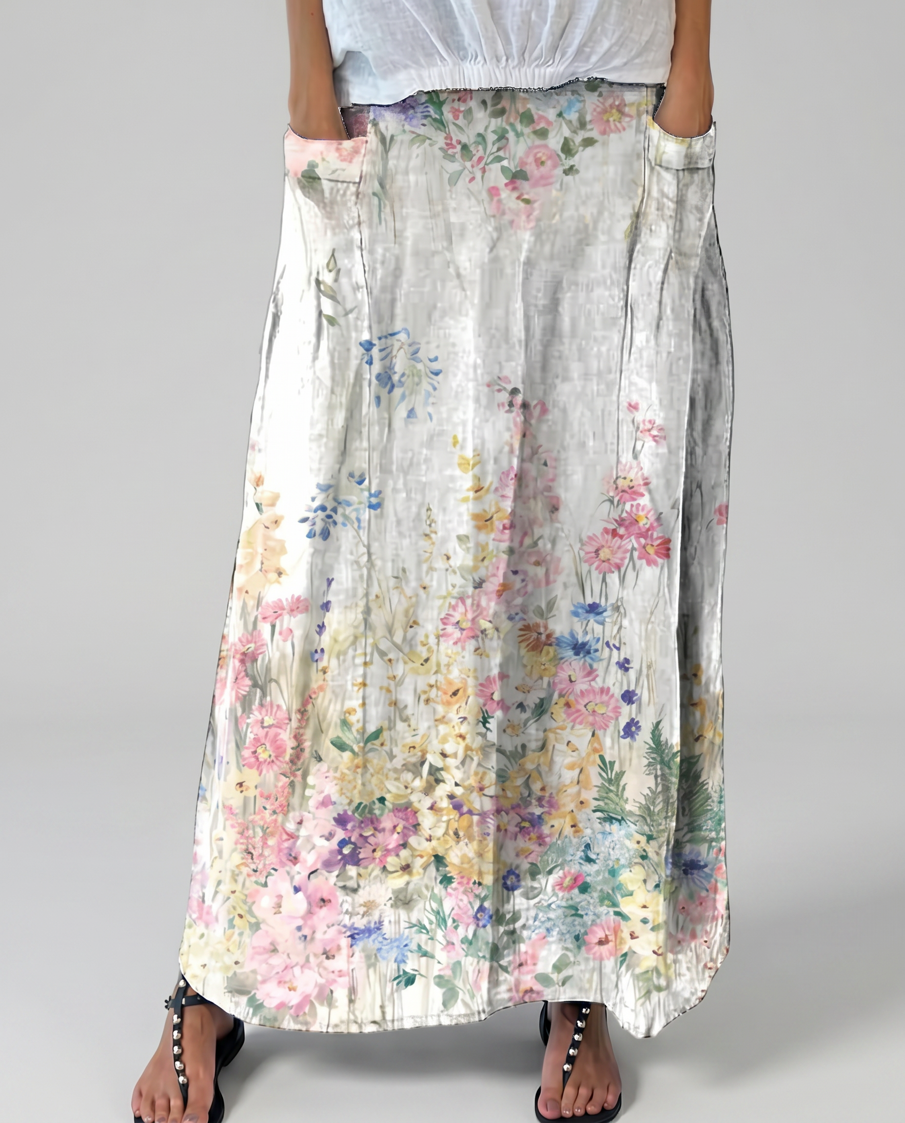 Women's A-Line Skirt | Vintage Floral Print, Elastic Waist, Side Pockets 3