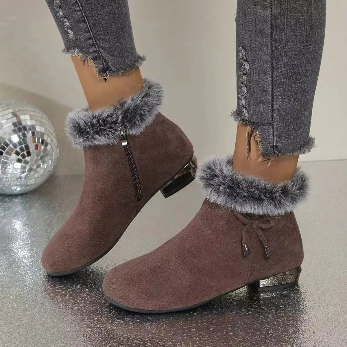 Women's Black Ankle Boots | Faux Suede, Fur-Trim, Adjustable Drawstring Collar 2