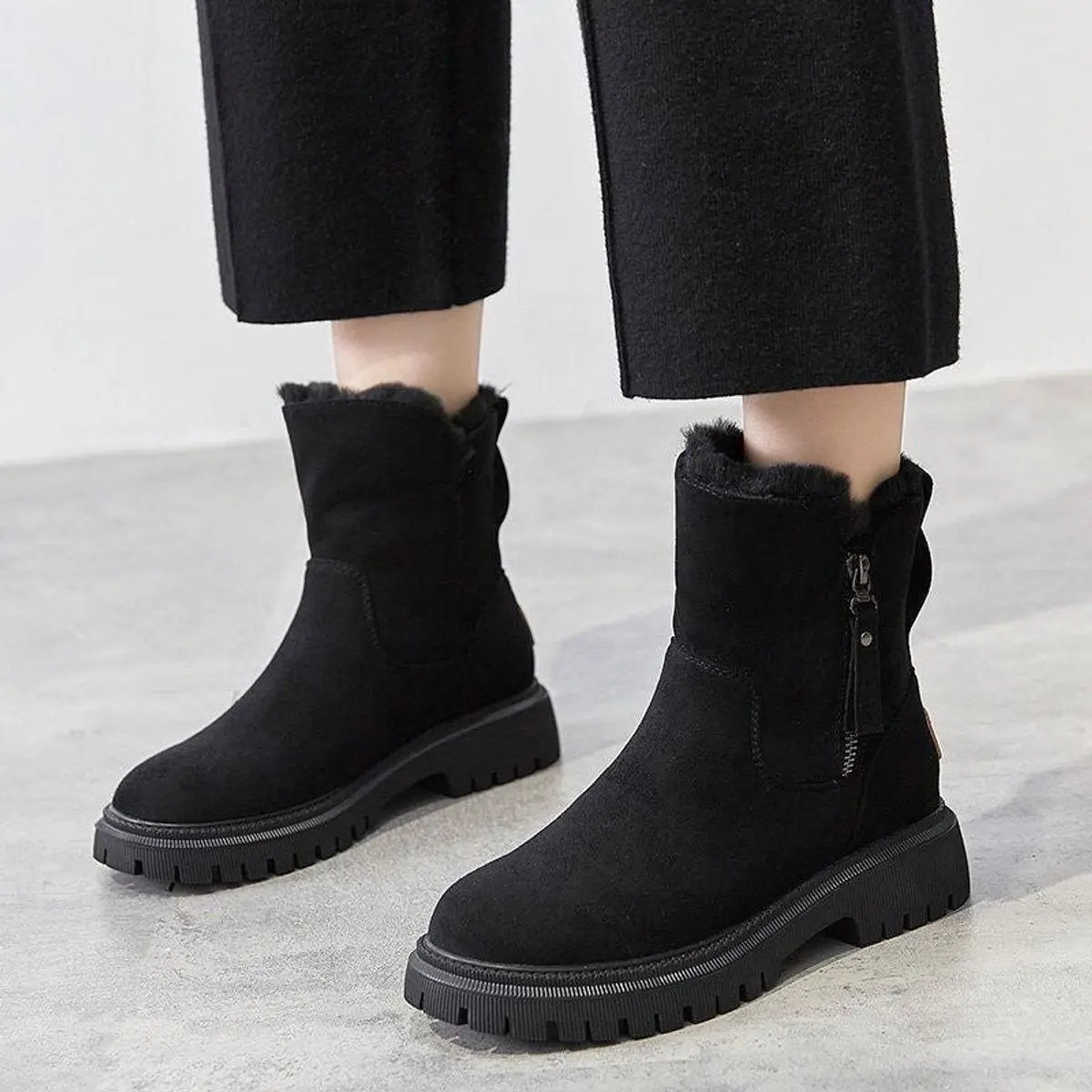 Women's Black Ankle Boots | Fleece-Lined, Slip-On Design, Chunky Grip Sole 1