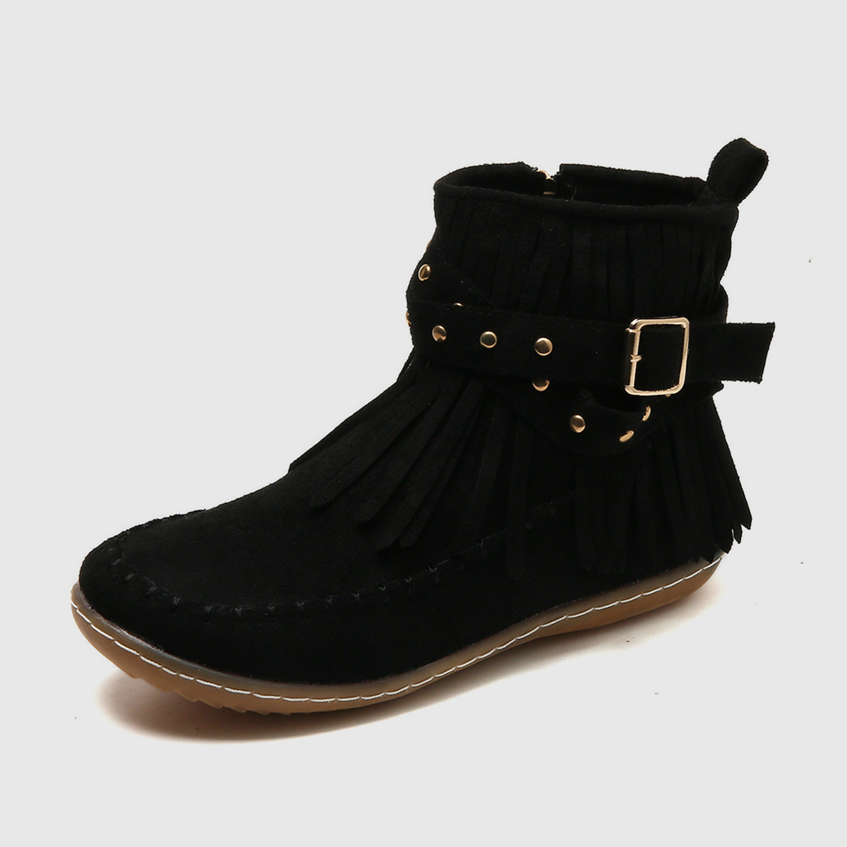 Women's Black Ankle Boots | Fringe Detail, Buckle Strap, Flat Heel 1