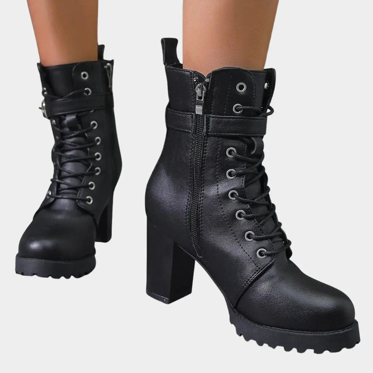 Women's Black Ankle Boots | Lace-Up, Block Heel, Buckle Strap, Lug Sole 2