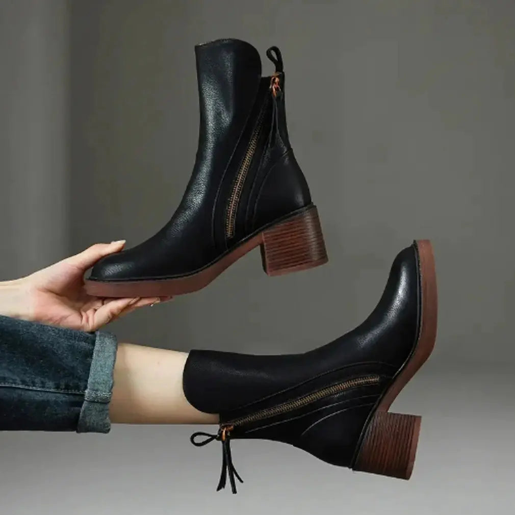 Women's Black Ankle Boots | Smooth Leather, Block Heel, Side Zip 3