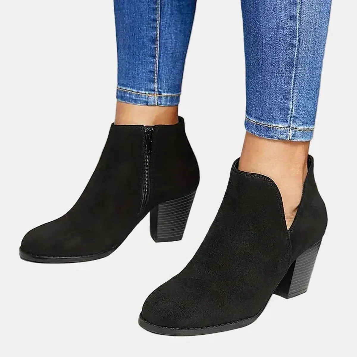 Women's Black Ankle Boots | Suede Block Heel, Side Zip Closure 4