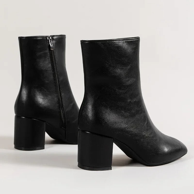 Women's Black Ankle Boots | Synthetic Material, Side Zipper, Squared Block Heel 5