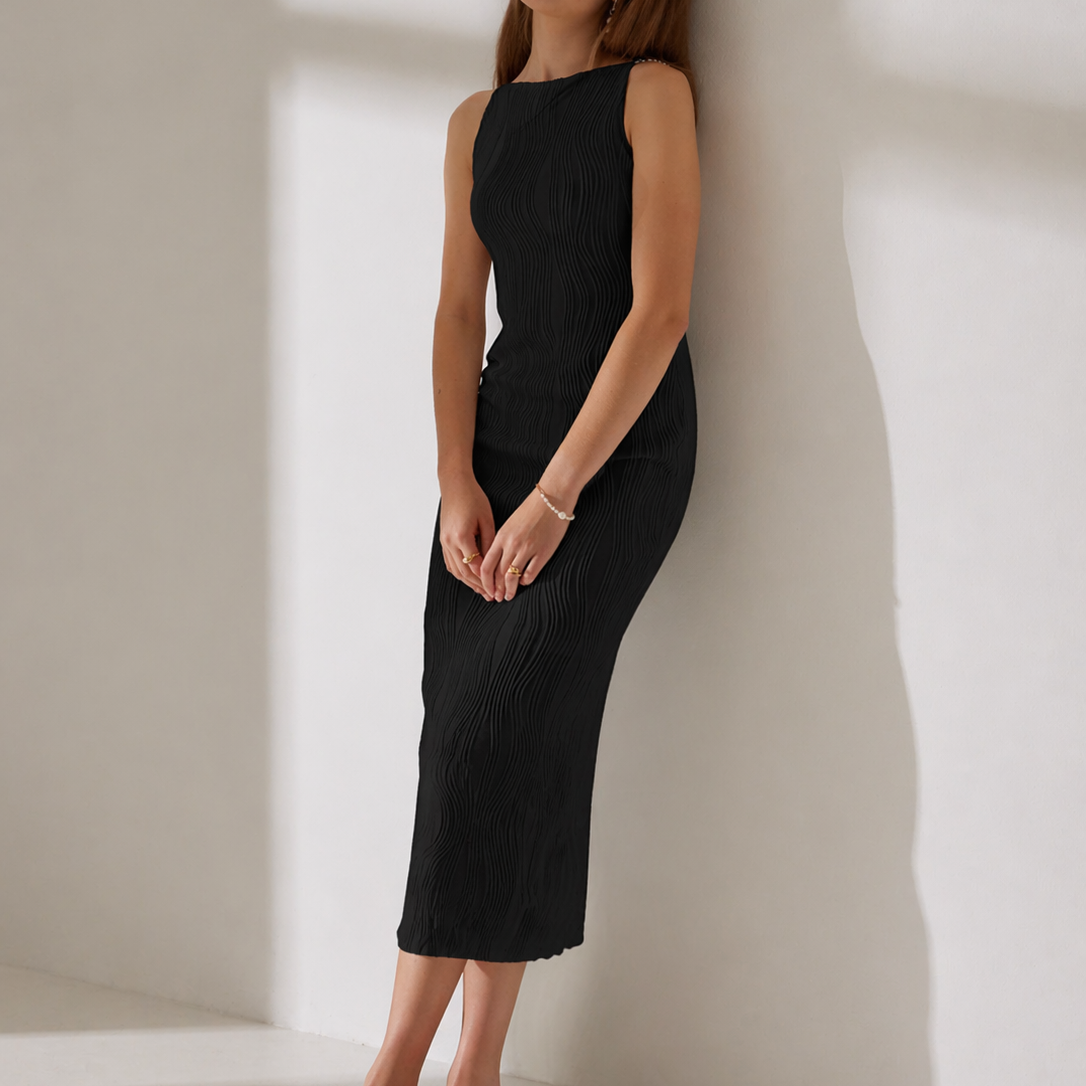 Women's Black Cami Dress | Ripple Textured, Fitted Midi 1