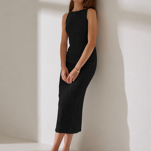 Women's Black Cami Dress | Ripple Textured, Fitted Midi 1