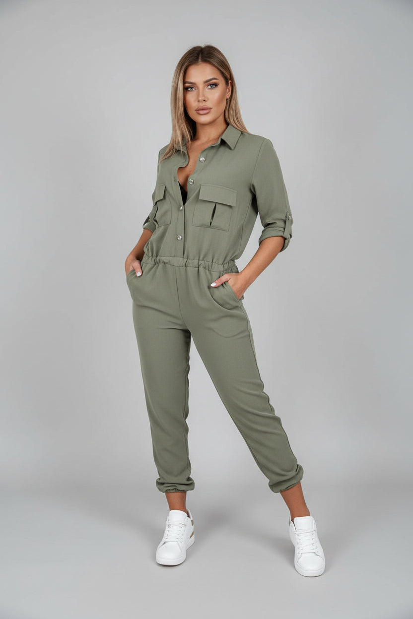 Women's Black Jumpsuit | Long Sleeve, Elastic Waistband, Smooth Woven Fabric 0