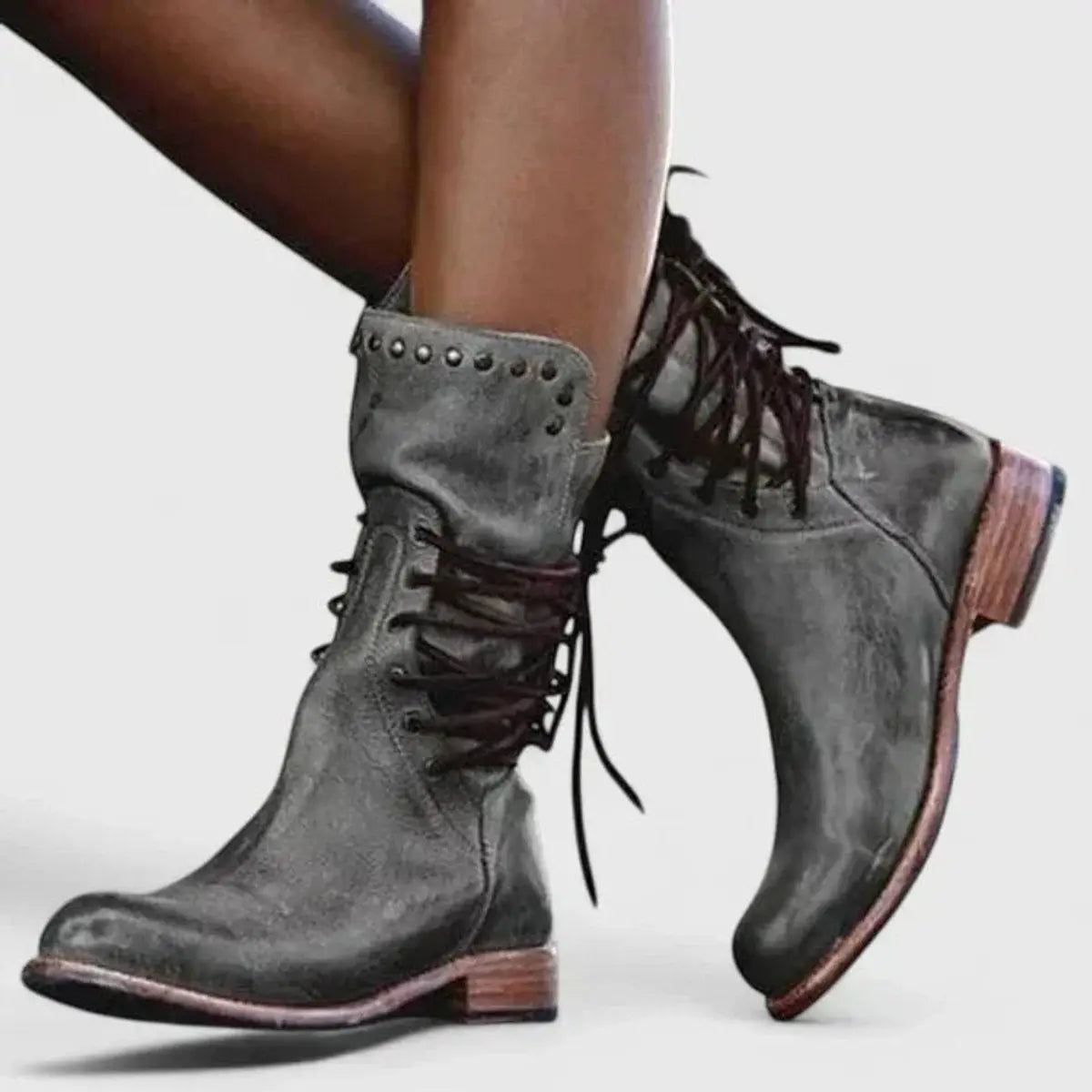 Women's Black Knee High Boots | Lace-Up, Studded Cuff, Block Heel 1