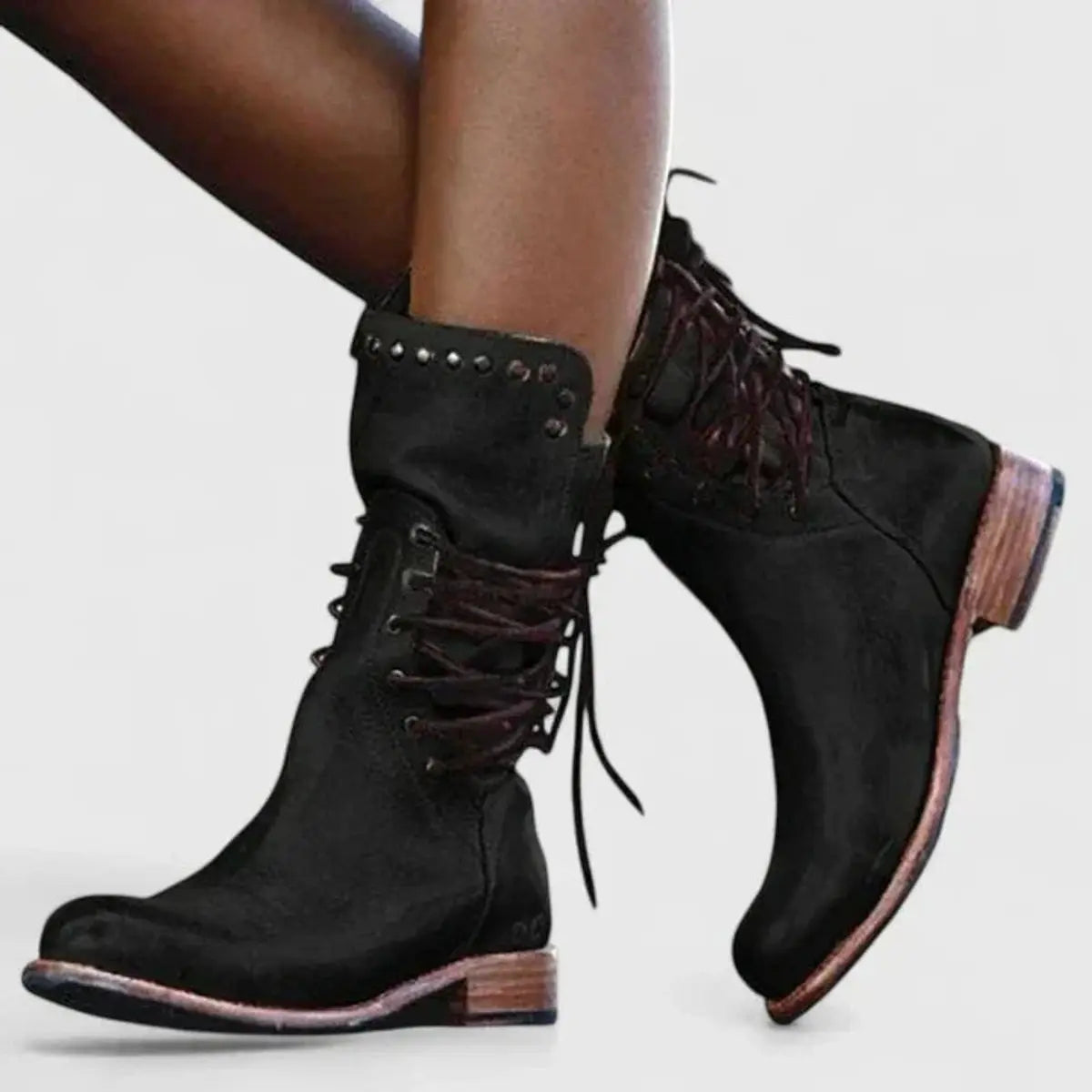 Women's Black Knee High Boots | Lace-Up, Studded Cuff, Block Heel 4
