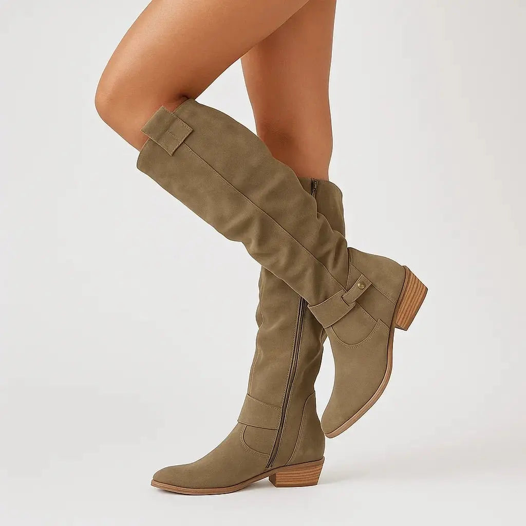 Women's Black Knee High Boots | Suede, Block Heel, Side Zip 2