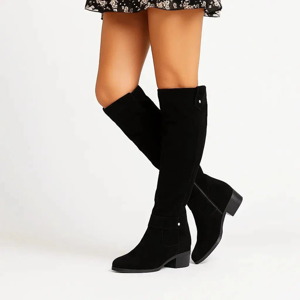 Women's Black Knee High Boots | Suede, Block Heel, Side Zip 3