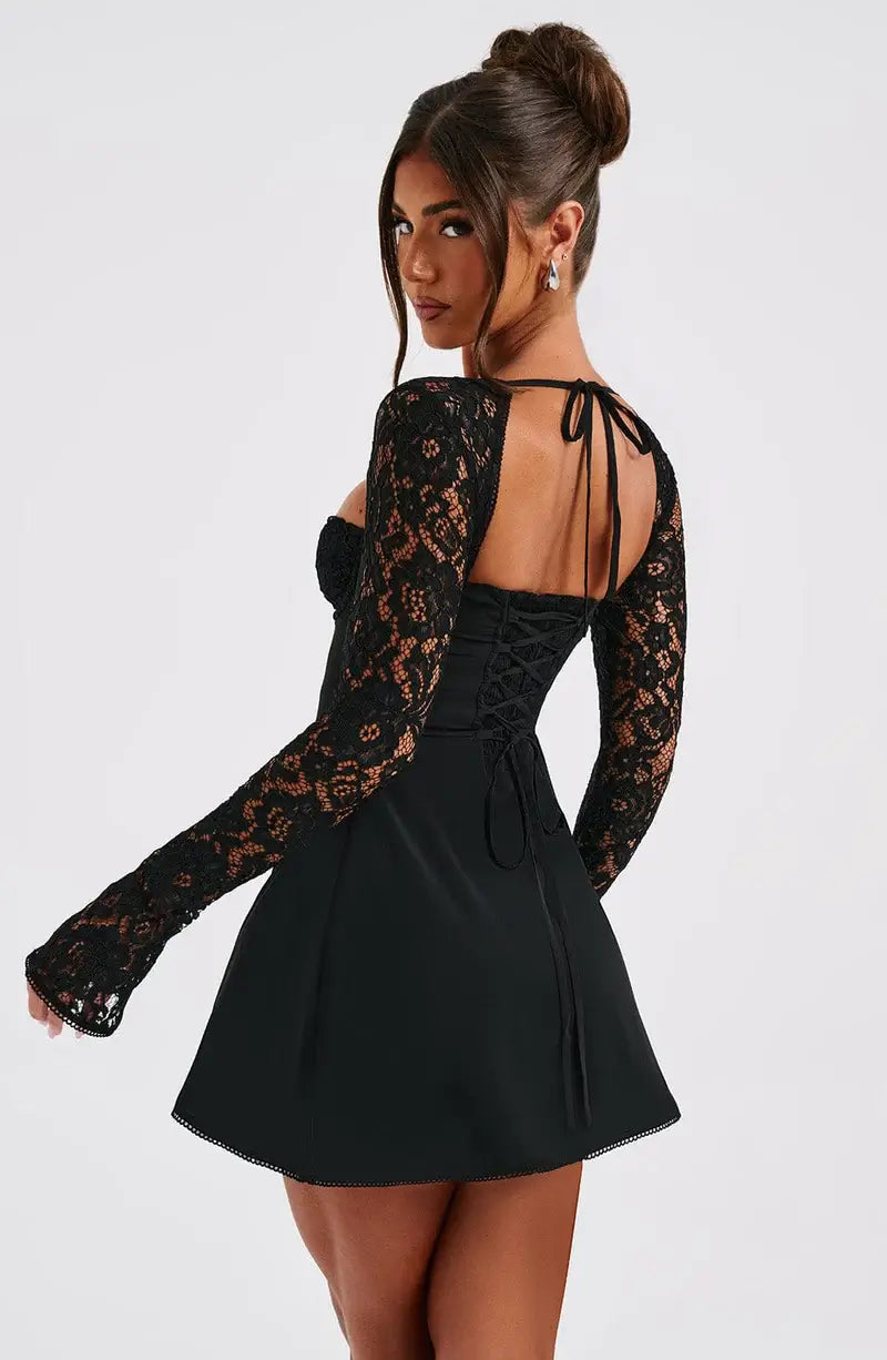 Women's Black Mini Dress | Lace Corset Back, Long Sleeve, Formal & Cocktail 3