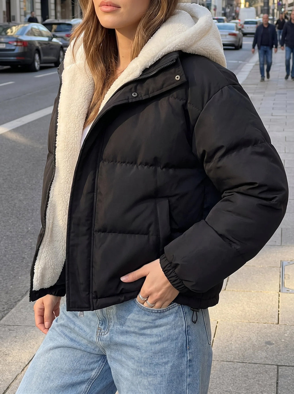 Women's Black Puffer Jacket | Fleece Lined, Boxy Fit, Adjustable Drawcord Hem 0