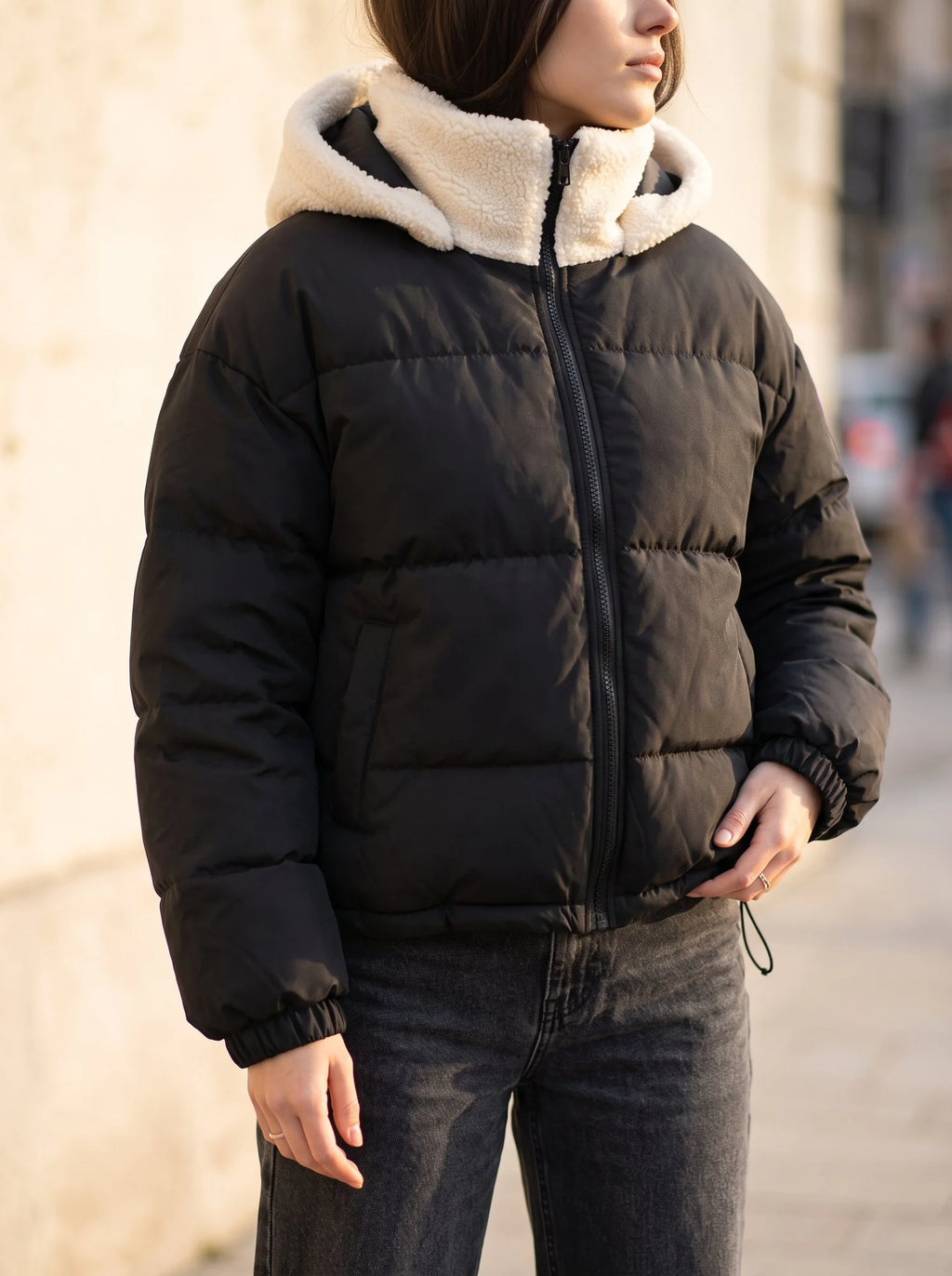 Women's Black Puffer Jacket | Fleece Lined, Boxy Fit, Adjustable Drawcord Hem 1