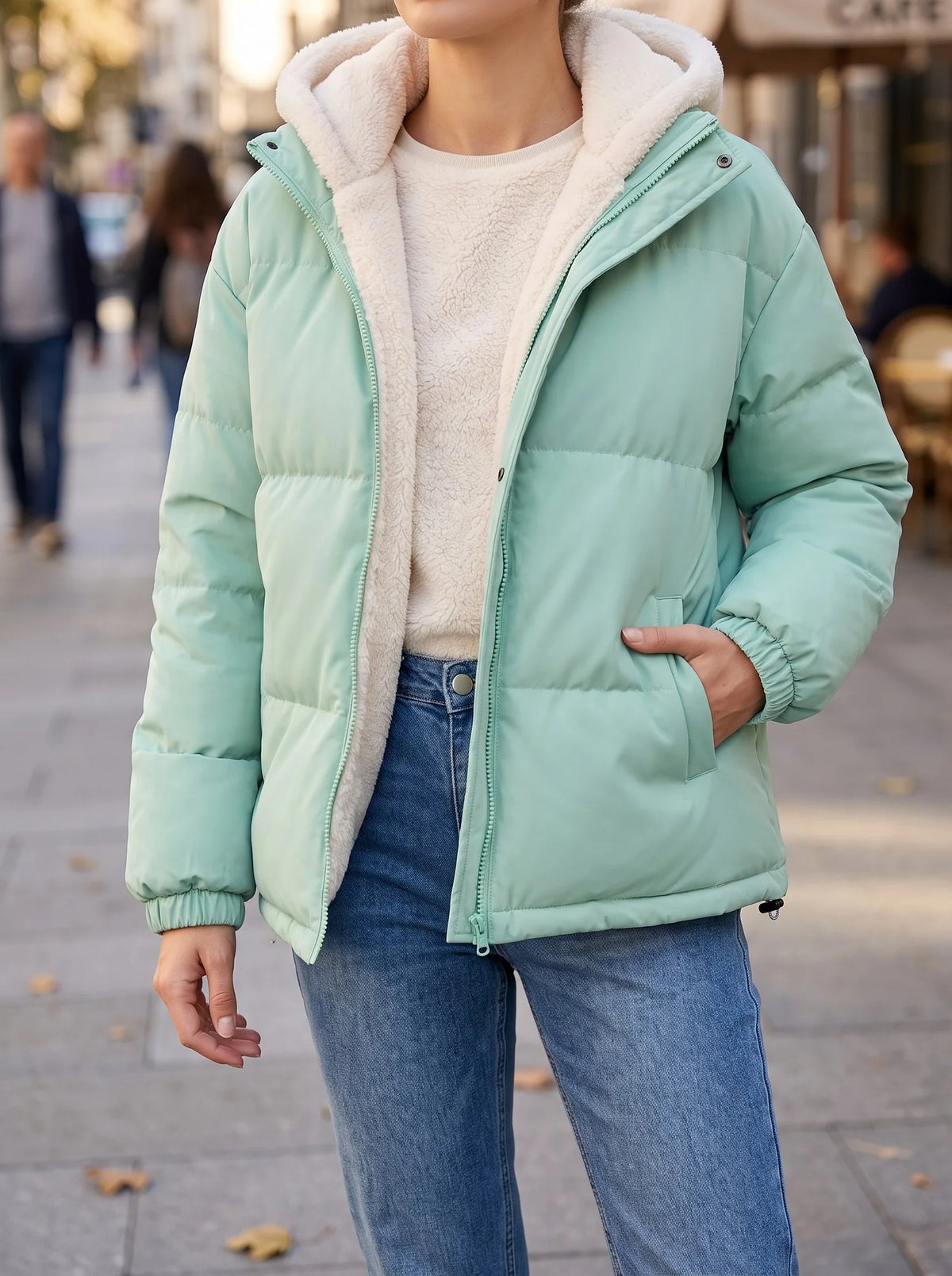 Women's Black Puffer Jacket | Fleece Lined, Boxy Fit, Adjustable Drawcord Hem 10