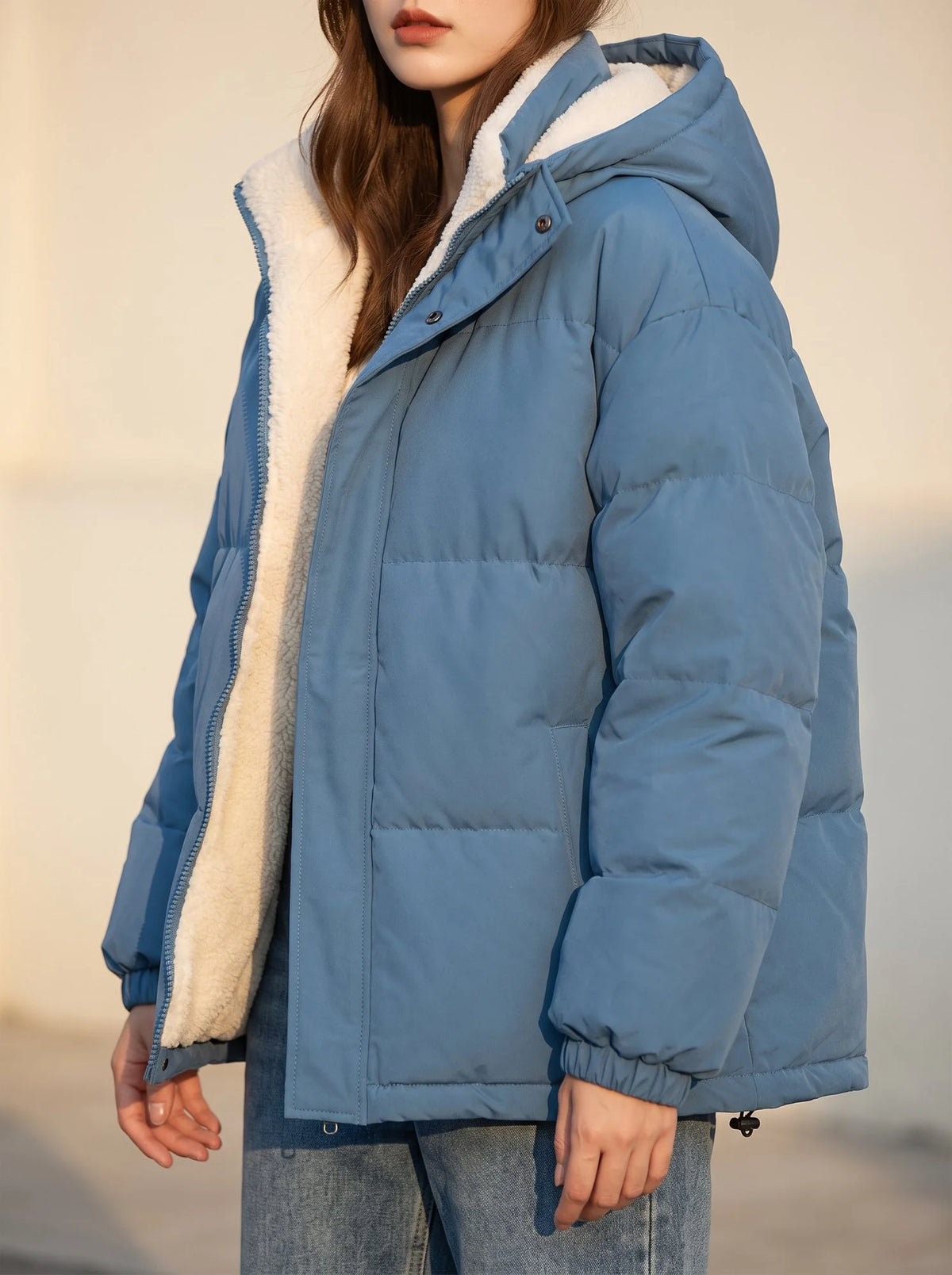 Women's Black Puffer Jacket | Fleece Lined, Boxy Fit, Adjustable Drawcord Hem 11