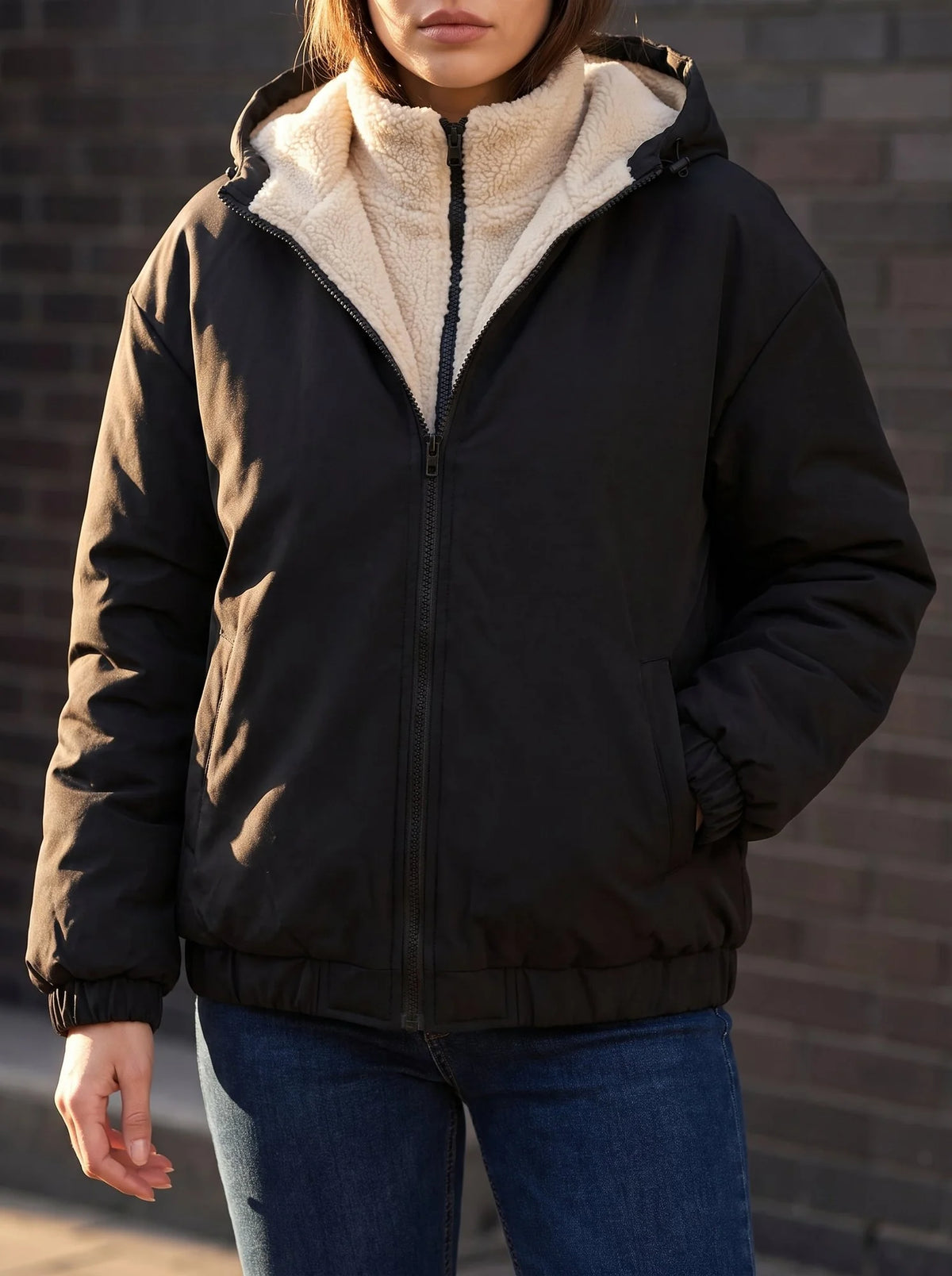 Women's Black Puffer Jacket | Fleece Lined, Boxy Fit, Adjustable Drawcord Hem 2