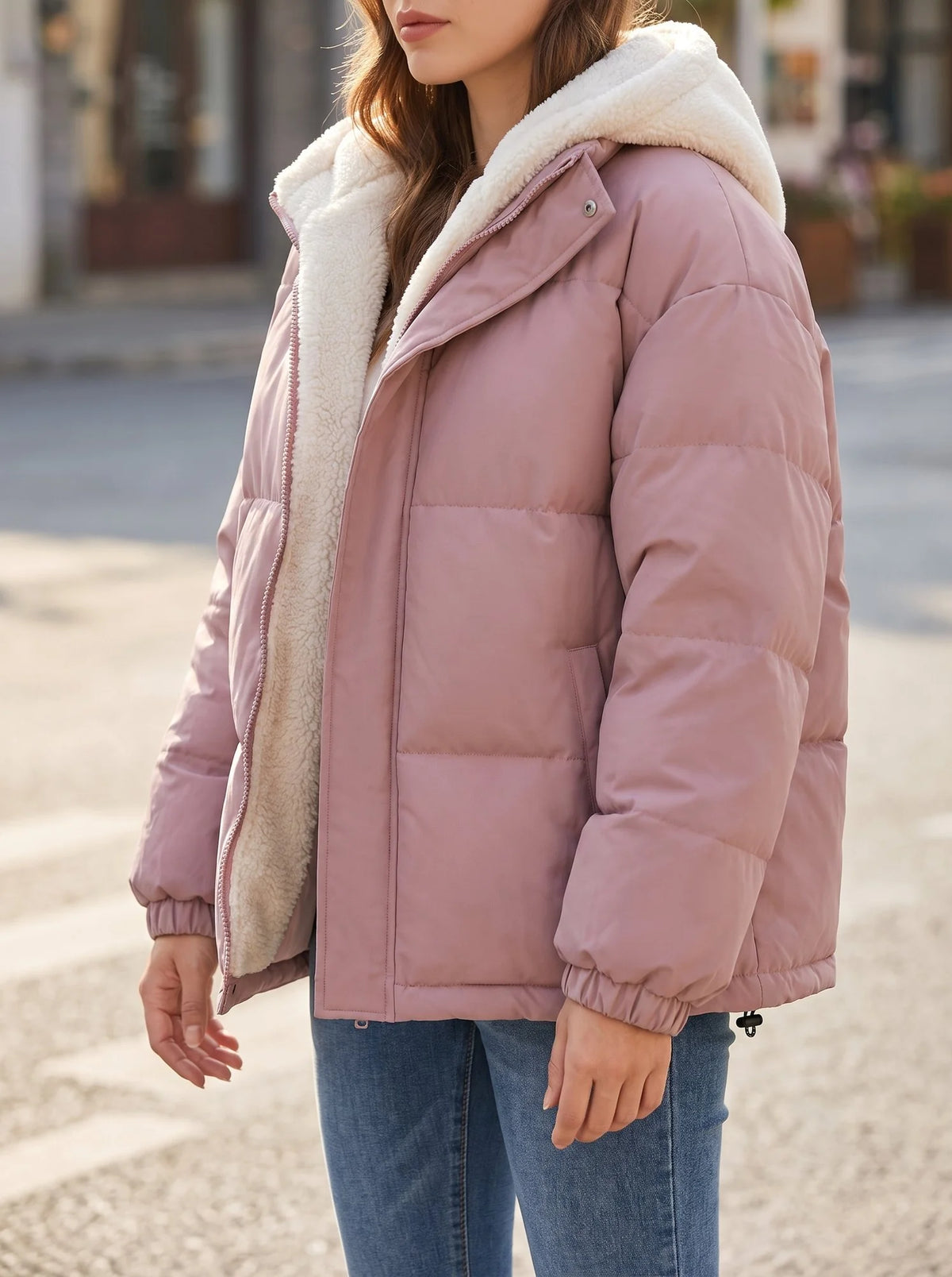 Women's Black Puffer Jacket | Fleece Lined, Boxy Fit, Adjustable Drawcord Hem 9