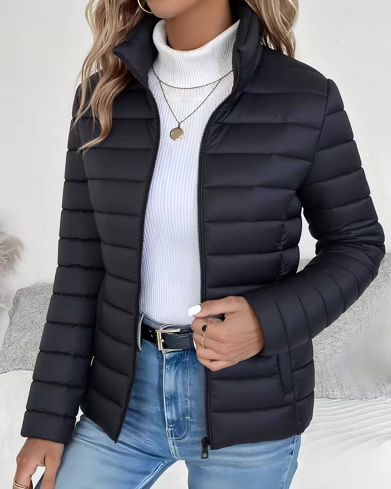 Women's Black Puffer Jacket | Lightweight Quilted, Stand Collar, Cropped Fit 1