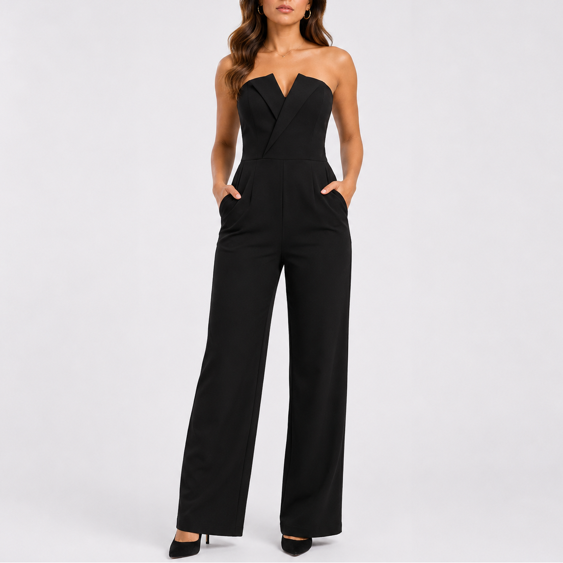 Women's Black Strapless Jumpsuit | Tailored Wide-Leg Design, Elegant Fit 2