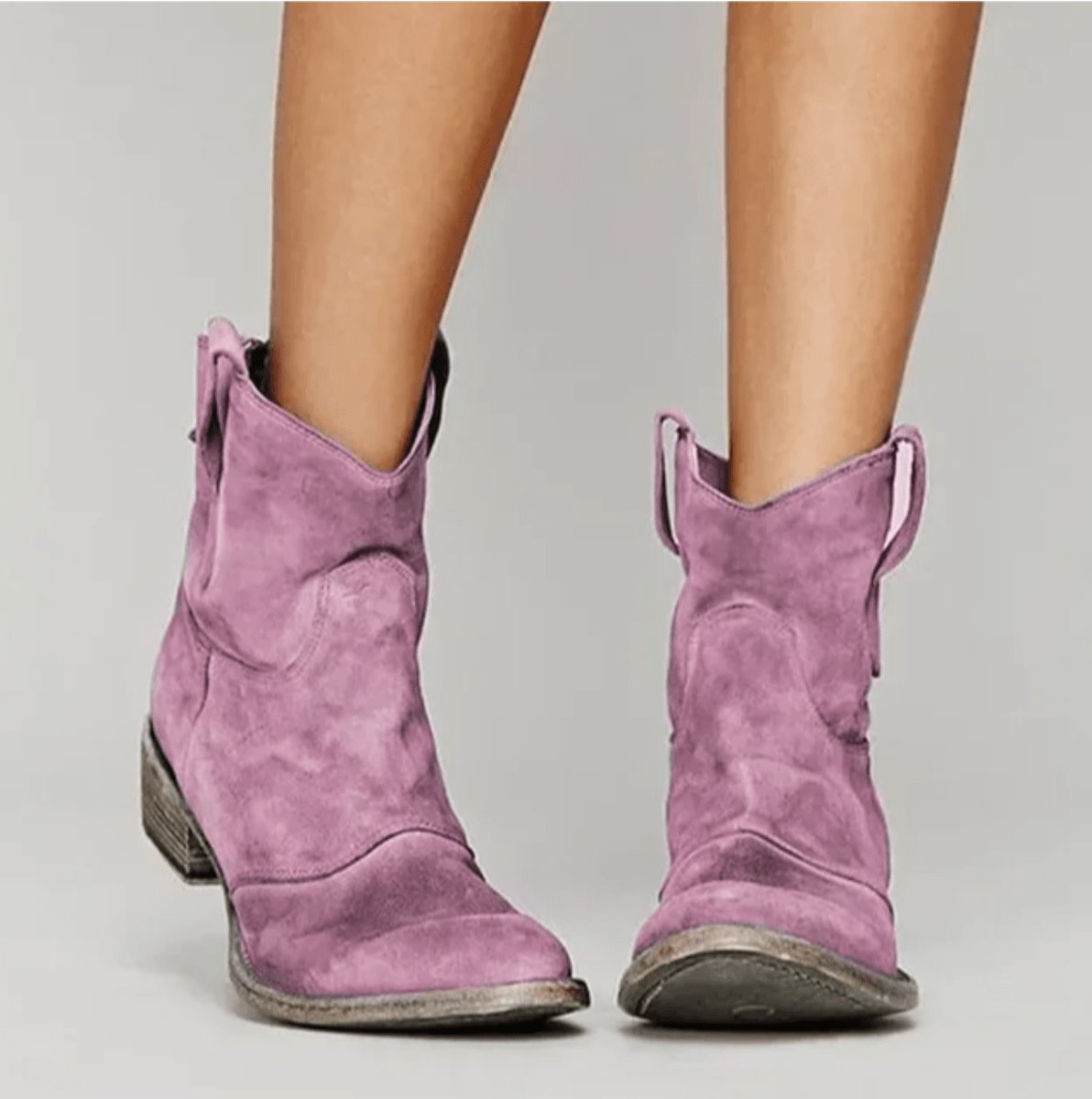 Women's Black Suede Ankle Boots | Western-Style, Flat Block Heel, Pull-Tab Loops 4