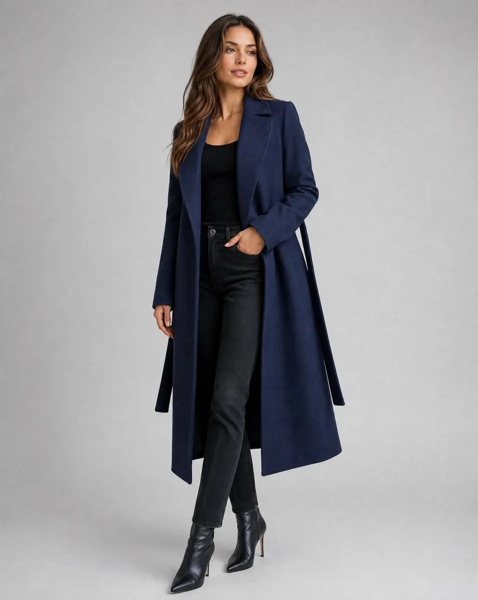 Women's Black Trench Coat | Long-Line, Belted, Notched Lapel 0
