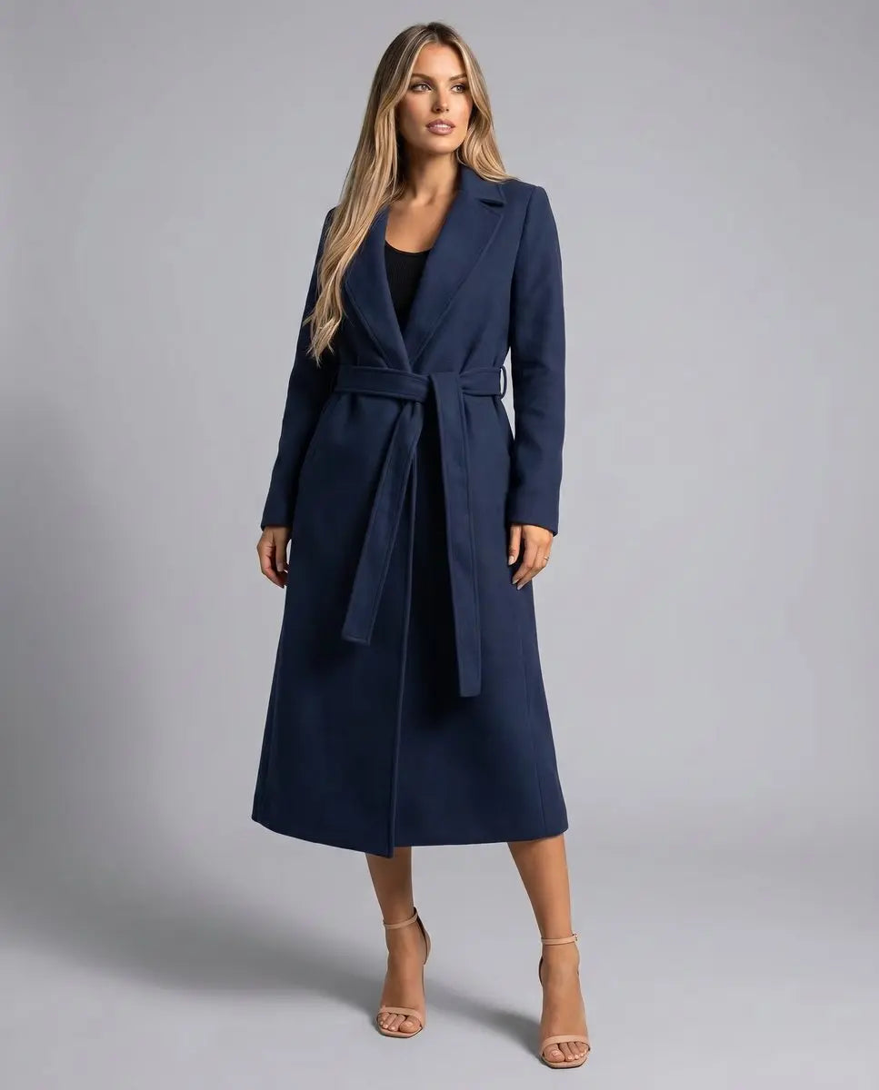 Women's Black Trench Coat | Long-Line, Belted, Notched Lapel 3