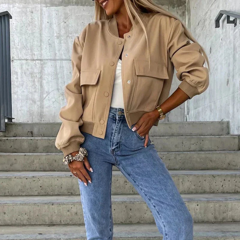 Women's Bomber Jacket | Short Cut, Flap Pockets, Casual Fit 0