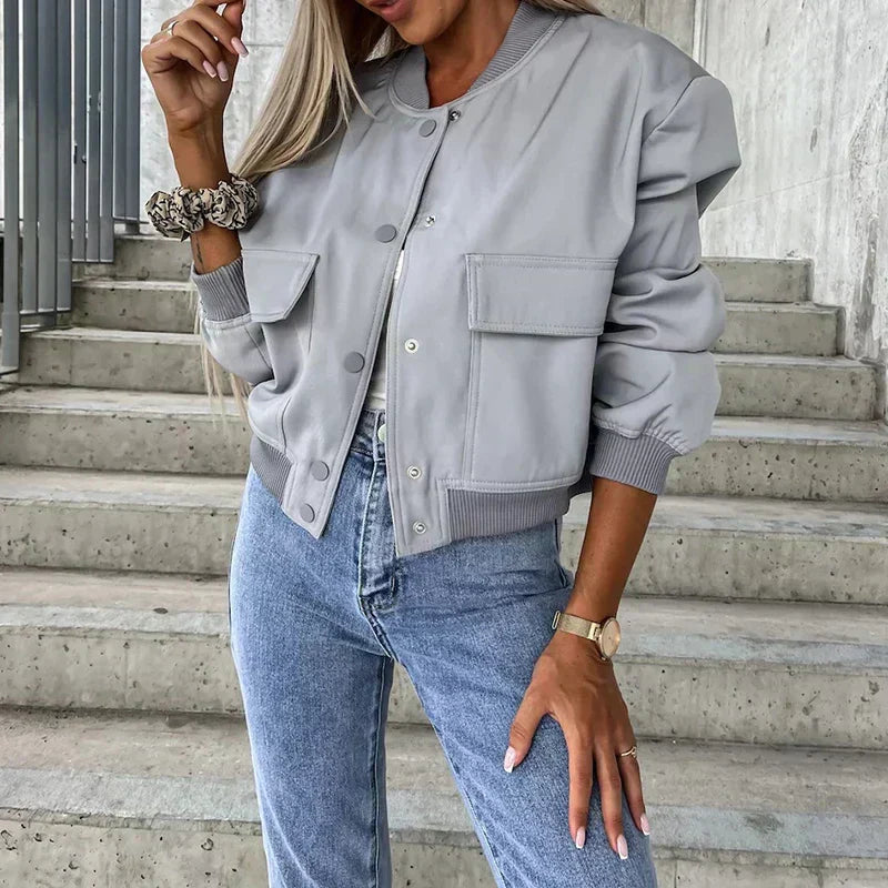 Women's Bomber Jacket | Short Cut, Flap Pockets, Casual Fit 2