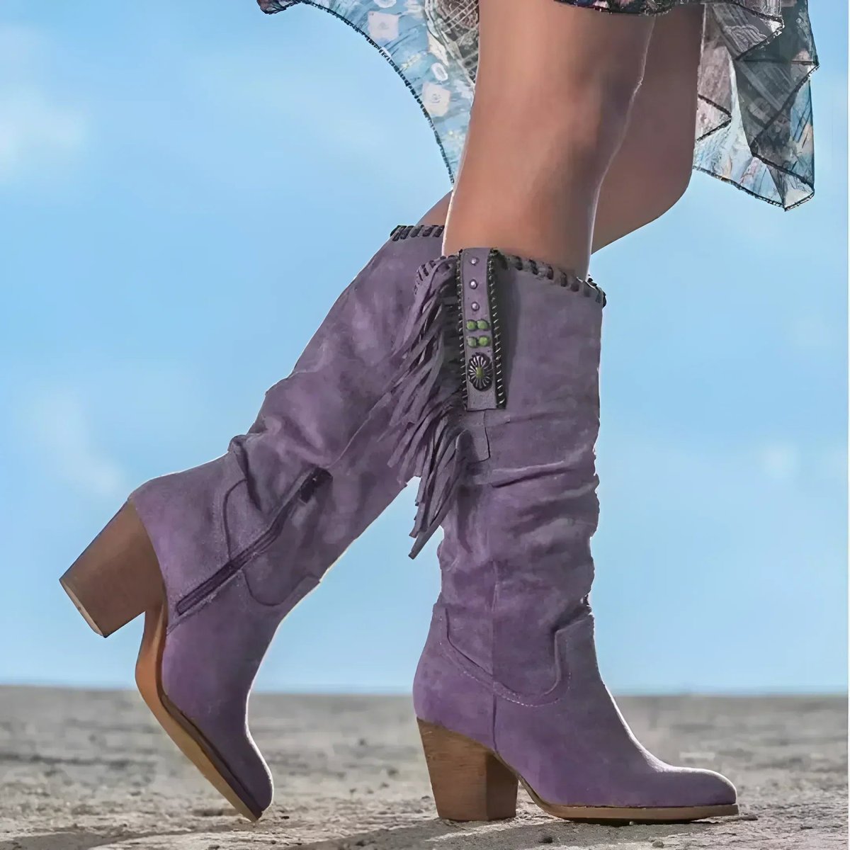 Women's Brown Knee High Boots | Suede Fringe Tassels, Block Heel, Wide Fit 1