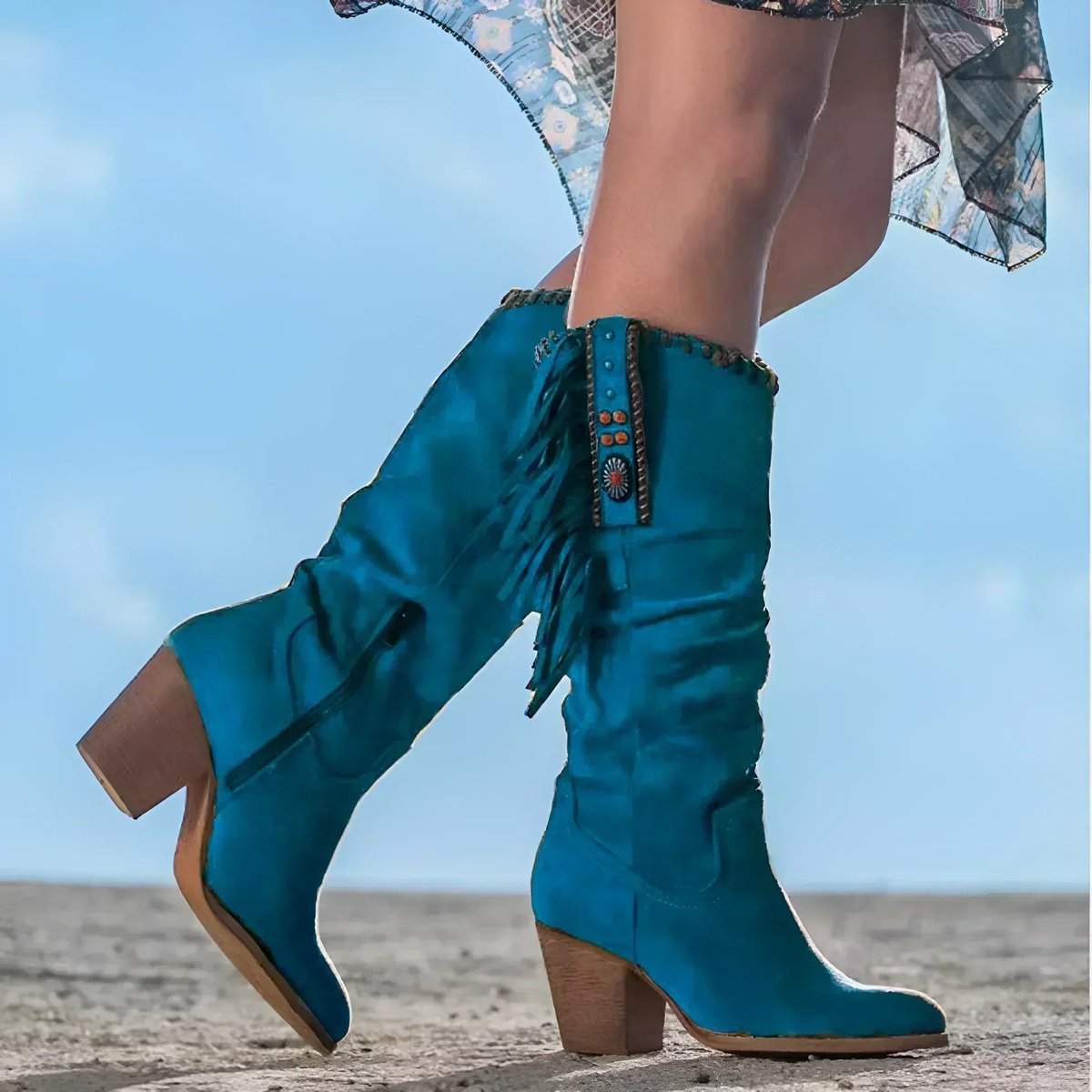 Women's Brown Knee High Boots | Suede Fringe Tassels, Block Heel, Wide Fit 2