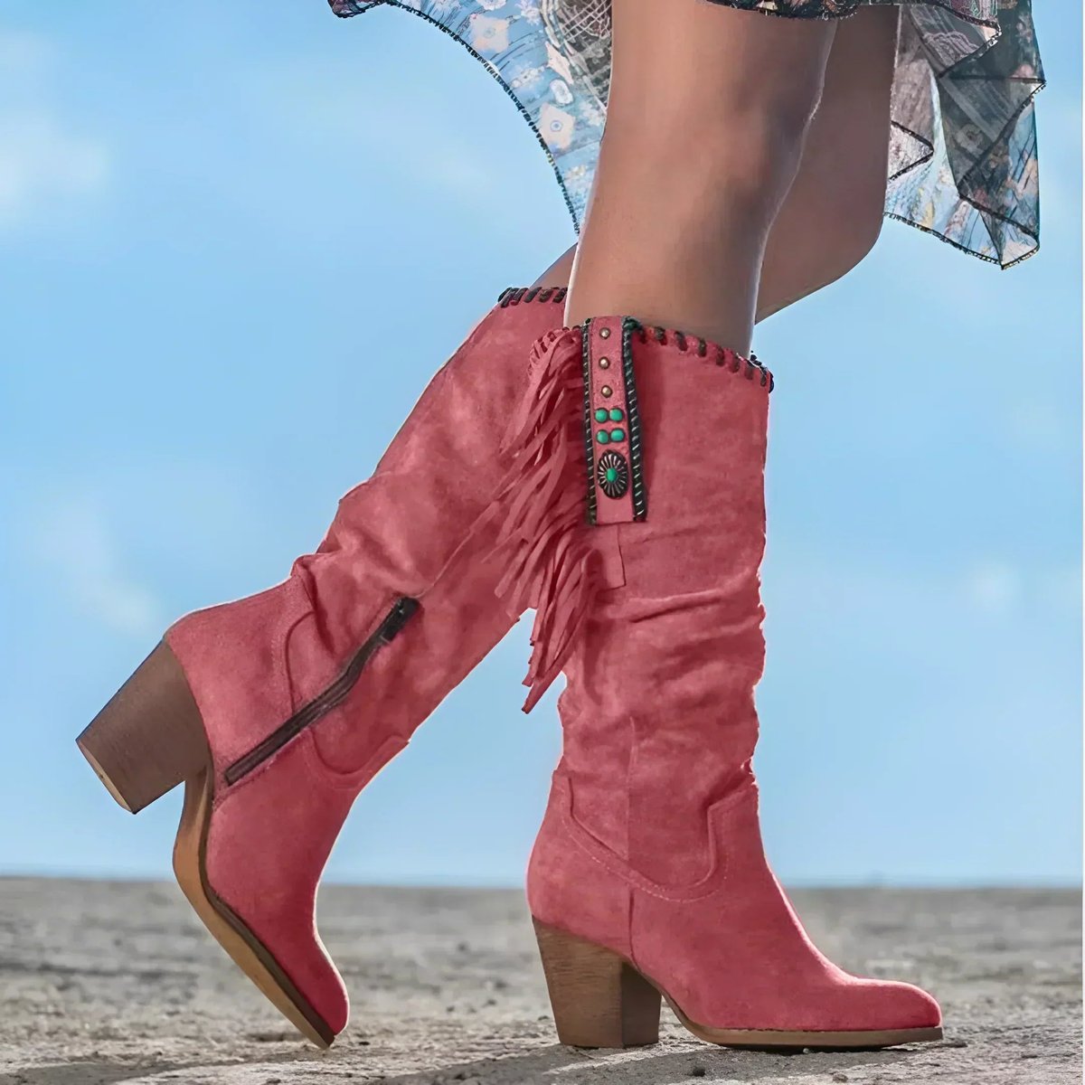 Women's Brown Knee High Boots | Suede Fringe Tassels, Block Heel, Wide Fit 3