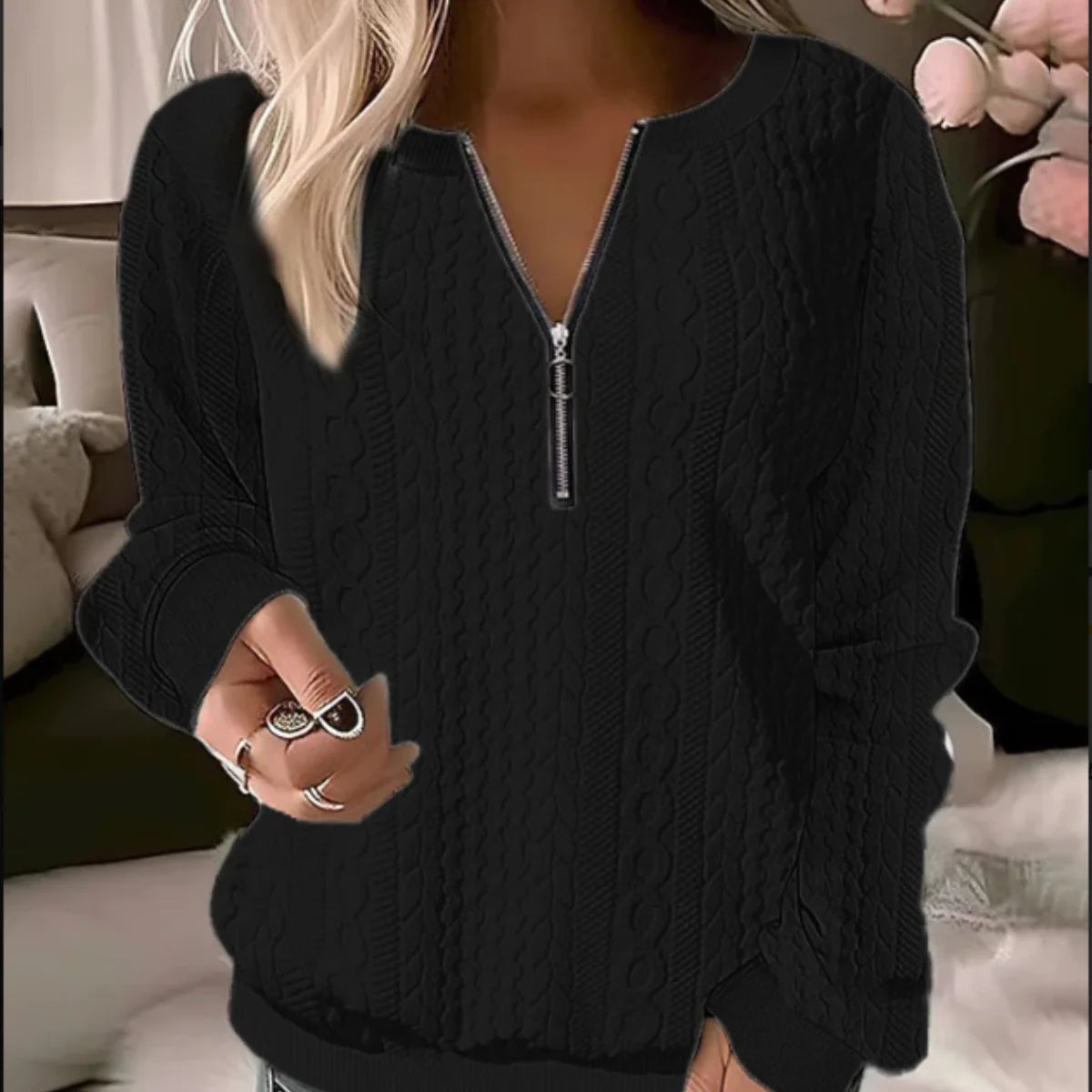 Women's Cable Knit Jumper | Half-Zip, Long Sleeves, Relaxed Fit 5