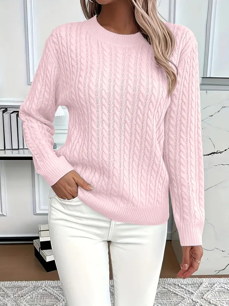 Women's Cable Knit Sweater | Crew Neck, Relaxed Fit, Ribbed Cuffs 1