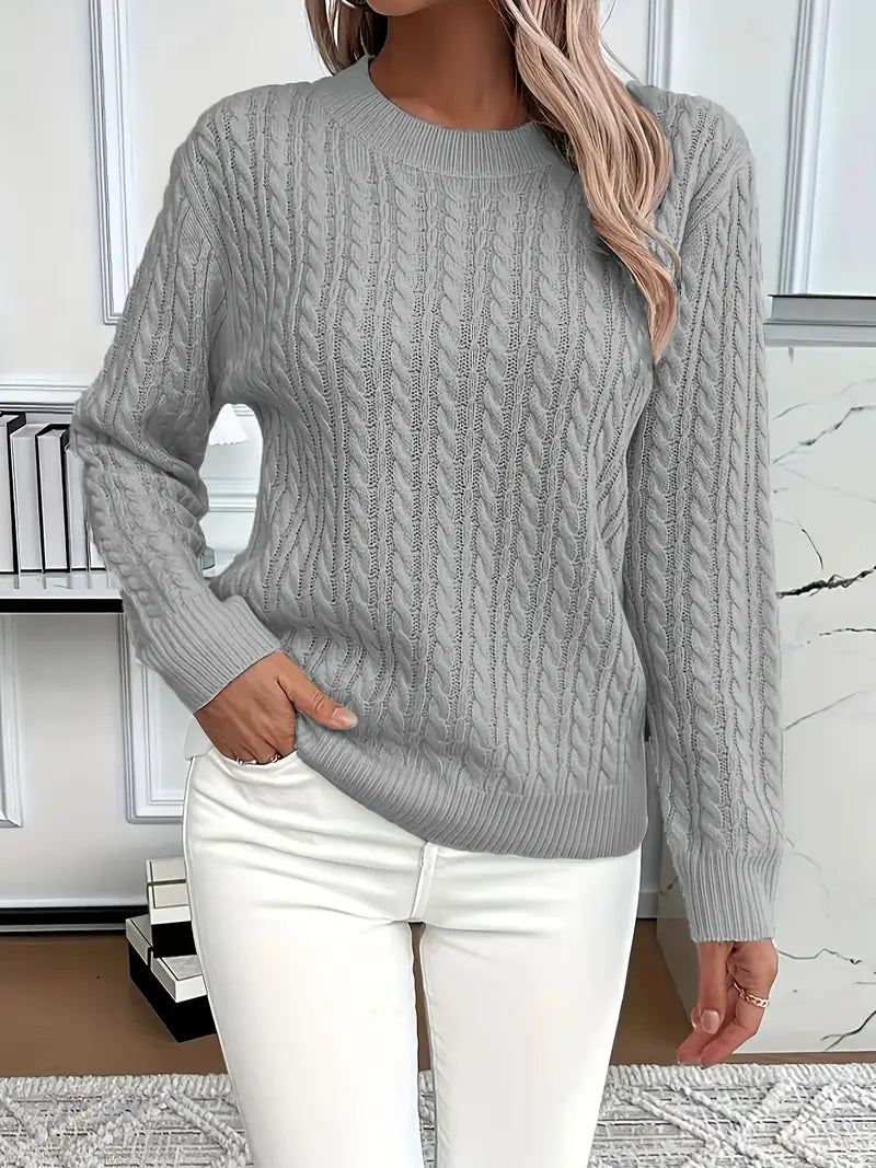 Women's Cable Knit Sweater | Crew Neck, Relaxed Fit, Ribbed Cuffs 2
