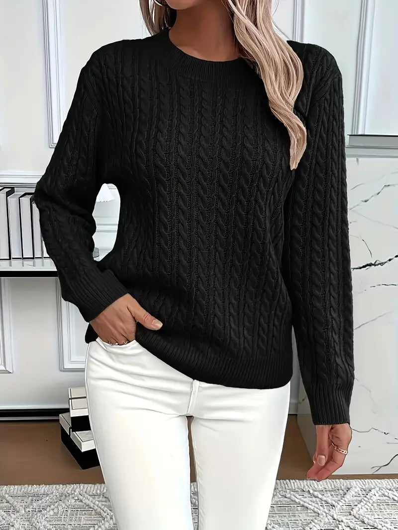 Women's Cable Knit Sweater | Crew Neck, Relaxed Fit, Ribbed Cuffs 3