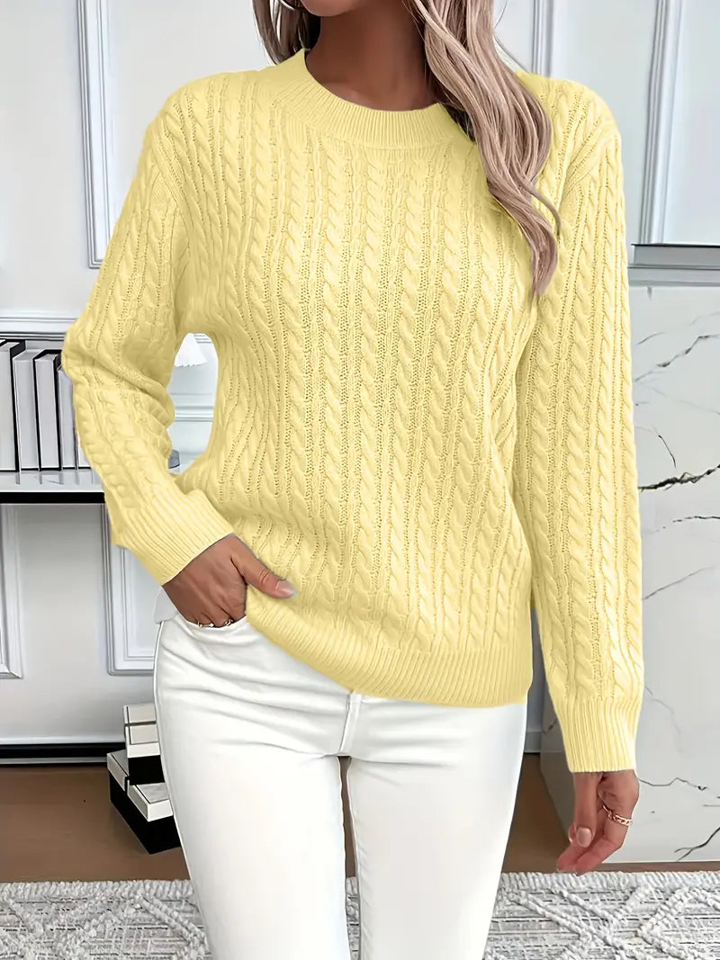Women's Cable Knit Sweater | Crew Neck, Relaxed Fit, Ribbed Cuffs 4