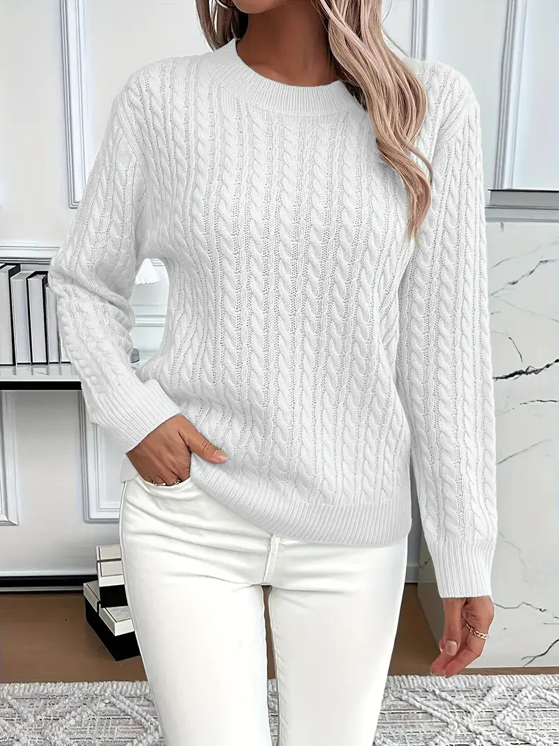 Women's Cable Knit Sweater | Crew Neck, Relaxed Fit, Ribbed Cuffs 6