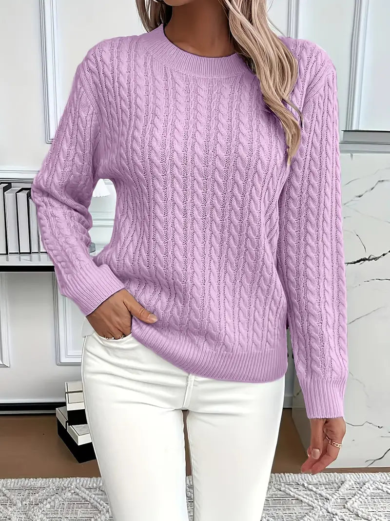 Women's Cable Knit Sweater | Crew Neck, Relaxed Fit, Ribbed Cuffs 7