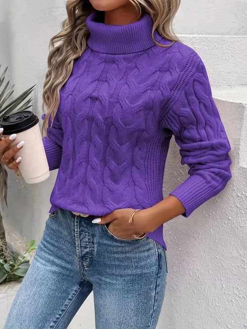 Women's Cable Knit Sweater | Turtleneck, Relaxed Fit, Ribbed Cuffs 0