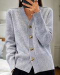 Women's Cardigan Sweater | V-Neck, Gold Heart Buttons, Relaxed Fit 0