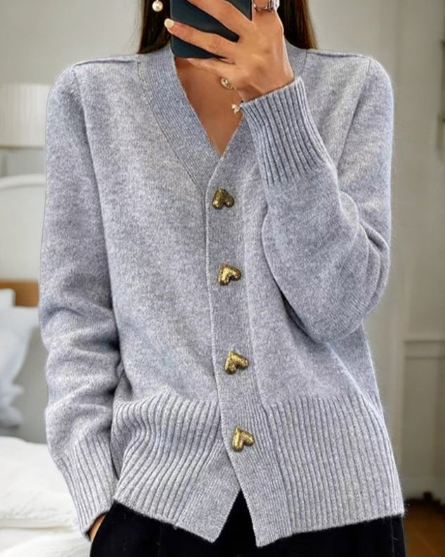 Women's Cardigan Sweater | V-Neck, Gold Heart Buttons, Relaxed Fit 0