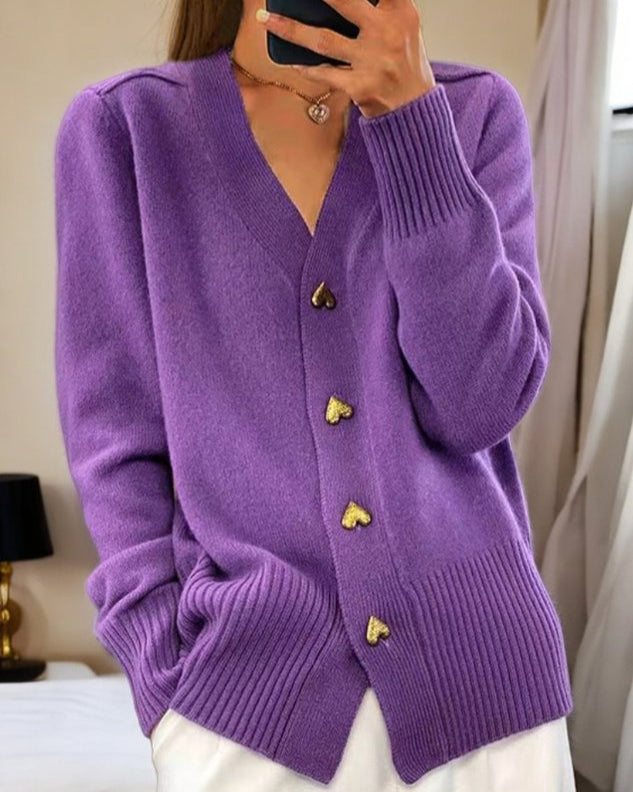 Women's Cardigan Sweater | V-Neck, Gold Heart Buttons, Relaxed Fit 2