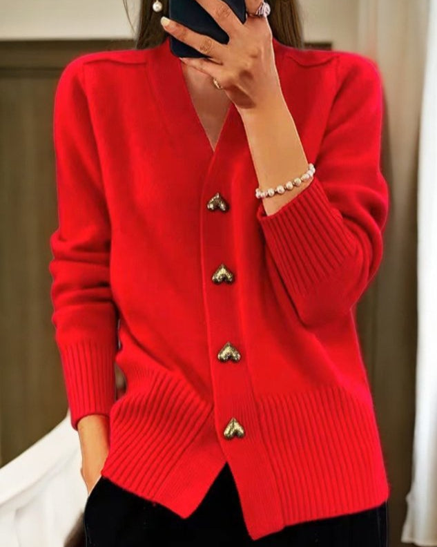 Women's Cardigan Sweater | V-Neck, Gold Heart Buttons, Relaxed Fit 3