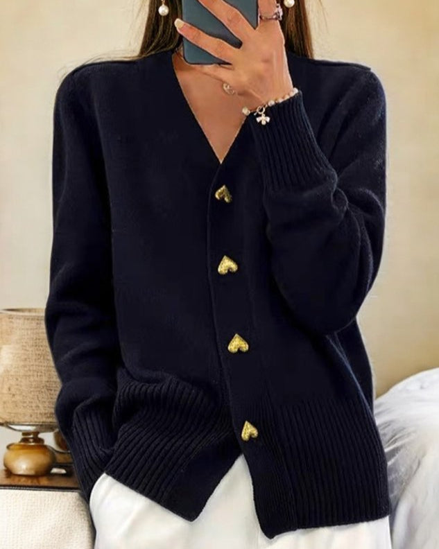 Women's Cardigan Sweater | V-Neck, Gold Heart Buttons, Relaxed Fit 4