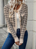 Women's Cardigan | Houndstooth Knit with Gold Buttons, Chest Pockets 1